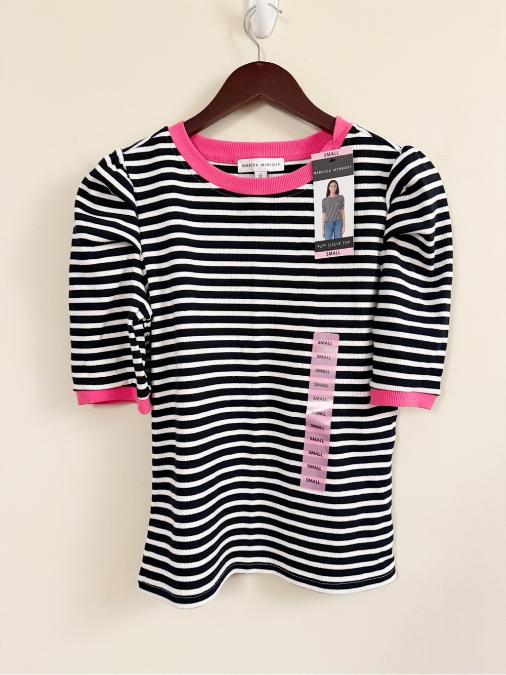 Rebecca Minkoff Puff Sleeve Striped Rib Knit Top Style 7RMD7312 Size Small NEW